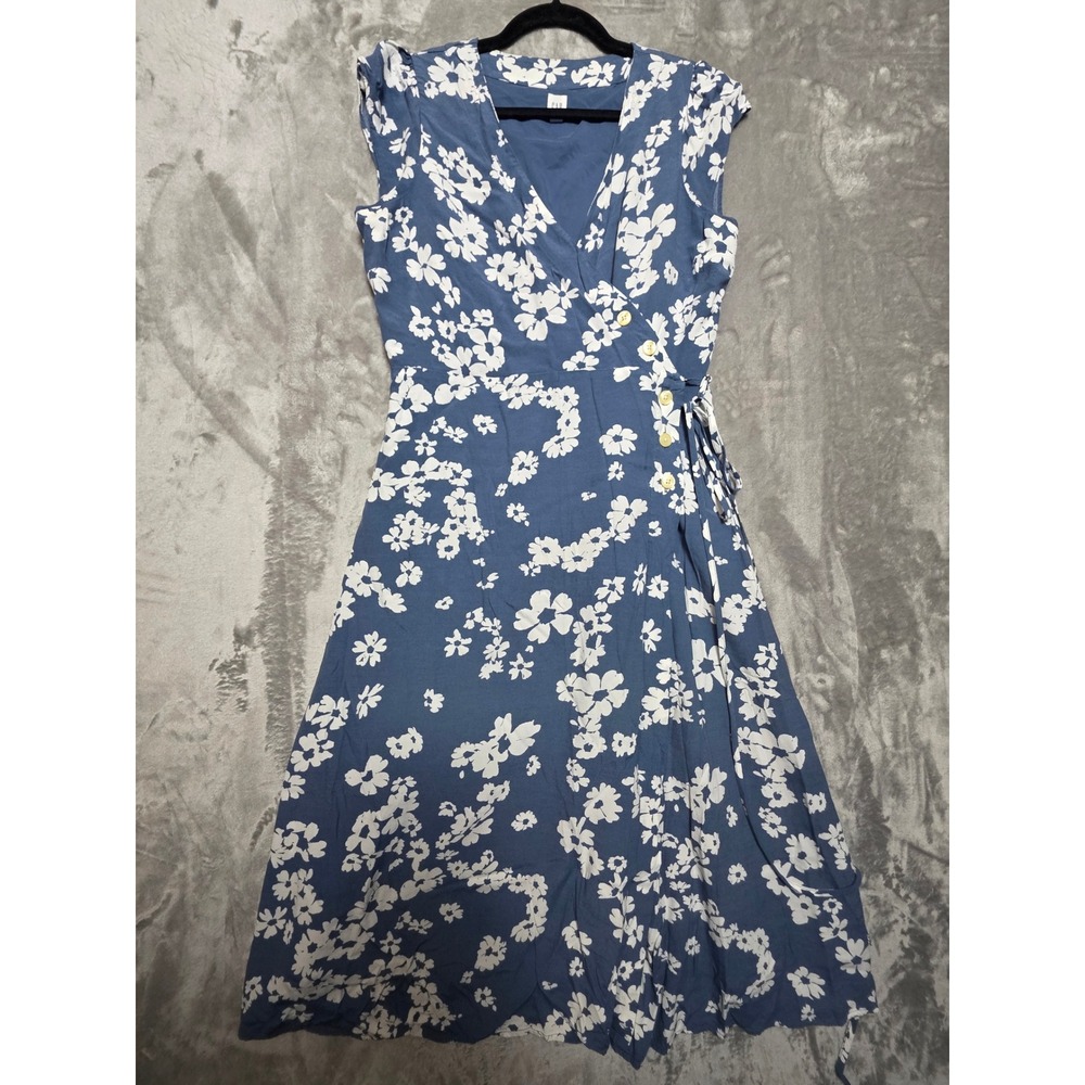 Gap Women Blue White Floral Faux Wrap Midi Dress Cap Sleeve Button Detail Size 8